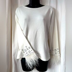 Sioni White Rhinestone Embellished Long Sleeve Feather Adorned Womens Sz M Top